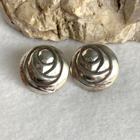 VTG Sterling Silver 925 0.90" Hollow Round Rose Floral Pattern Stud Earrings - Picture 1 of 16